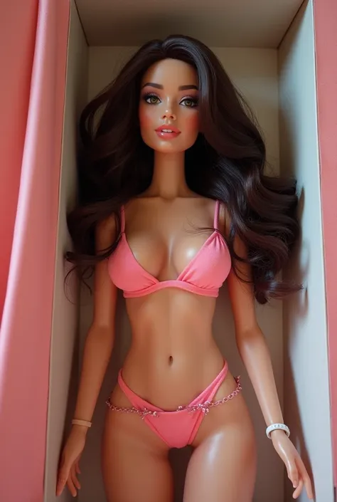 arianny celeste, big breast, beautiful curly brunette long hair, wear mini thong bikini, wear G-string, dressed as plastic doll standing inside sealed tidy doll boxes with cork, real hair, real skin, ready for delivery, no expression face, at toys store et...