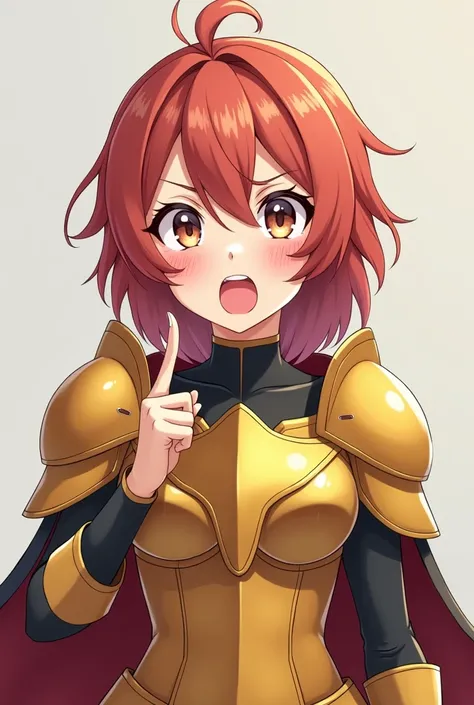 Anime grown girl. Neckline. girl in golden cheap armor. index finger up. index finger up. surprised look. angry look surprised look. Eyes bulging. Eyes bulging. sideview. sideview. Make a full-length portrait. 