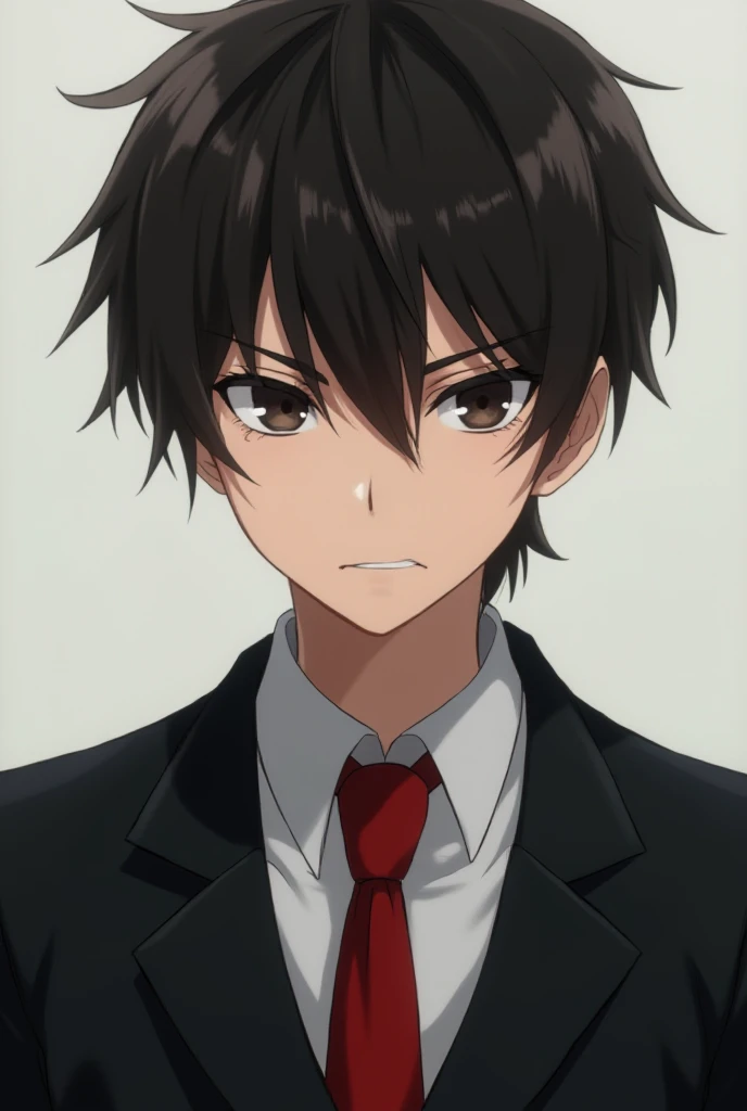  Anime style Young brunette short black movie on the sides .  Dark brown eyes with dark circles, with a somewhat thick eyebrows with an angry look. Dressed in a black suit with a red tie.  