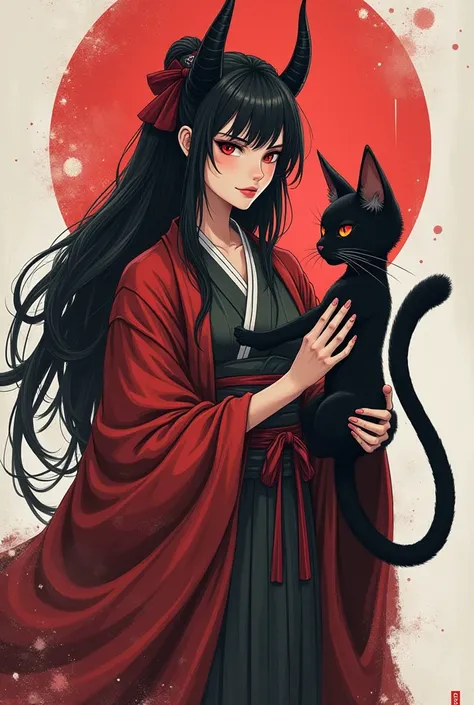 Paint me a manga figure female demon woman with long black hair Two horns short pointed ears red eyes in a Japanese robe and Samorei armor adorned her sole be beautiful next to her sol a  the cat ears and a cat tail they hold hands 