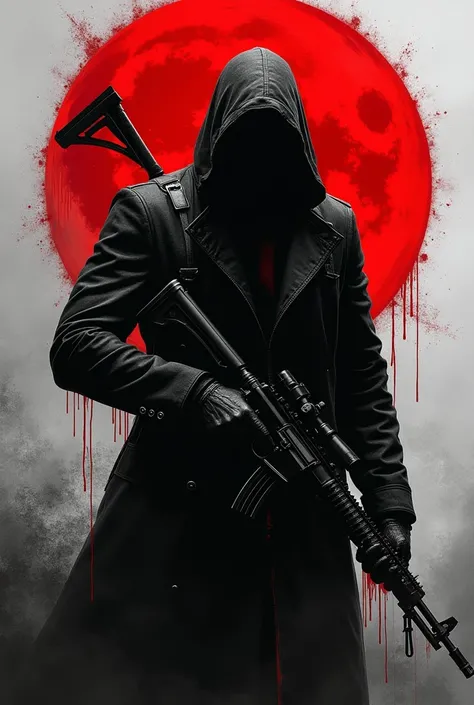 ( Better quality) (epic art) vigilante, Carrying a rifle ,  black and white art with blood details in red and a red moon in the background