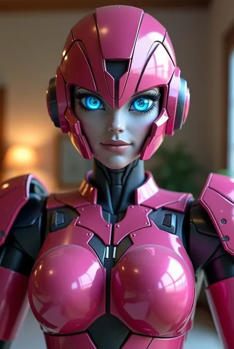  Arcee the autobot from transformers in the family room. Looking at and standing up super close to the camera like a selfie 
Arcee robot face
Dark pink metallic autobot 
Small cute smile
Massive  robot breasts
Beautiful eyes