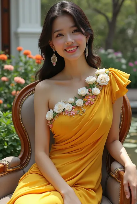 Beautiful Thai woman, sweet smile, sharp face, wearing a tight golden yellow long evening dress, matching with a modern Thai dress, embroidered with white rose patterns, fantasy colors at the collar, colorful rose ruffles, shiny fantasy colors, decorated w...