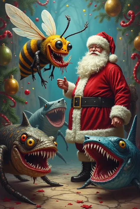 Whimsical monstrous creatures like bee, spider, shark, python eat each other in a New Year atmosphere, Santa Claus is watching the scene, oil painting