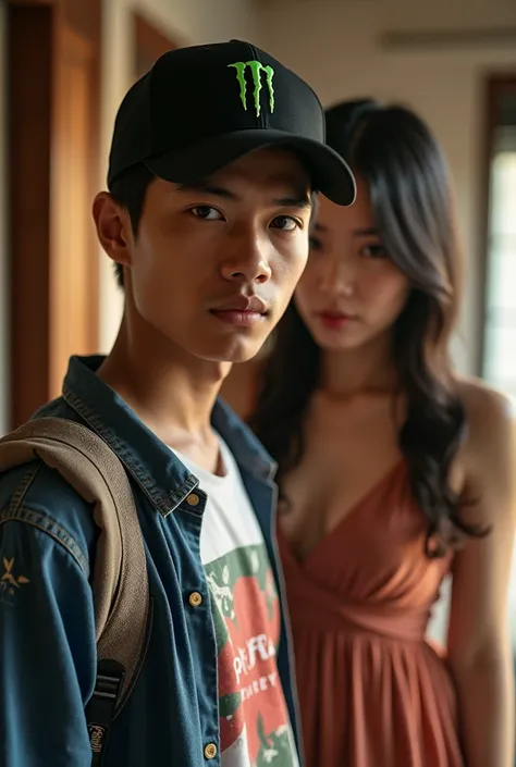  Indonesian man 25 years old wears basketball cap (monster energy ) Distro t-shirt jacket on the side there is a beautiful Indonesian woman wearing a dress dress big boobs home background UHD clear clean HD 