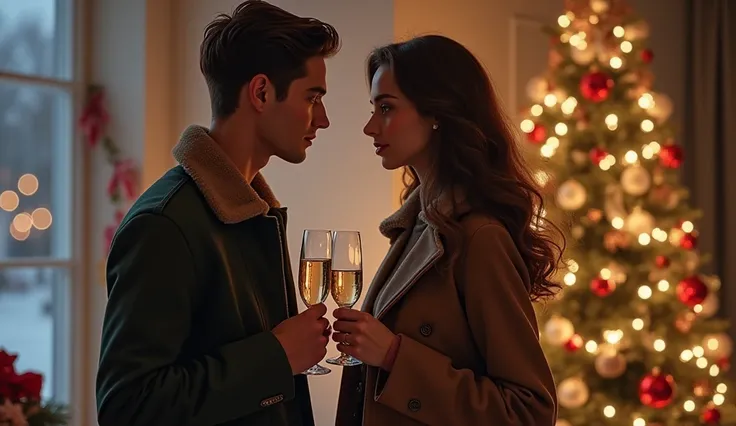 a female, european, young adult, slim body, wavy brunette hair, and the guy with the brown hair at the Christmas tree with the champagne glasses.