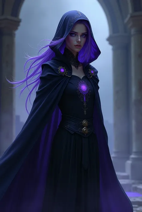 A female Aasimar Divine soul sorcerer that looks like Raven from Teen Titans. Skin is lavender and glows. Wearing a cloak with a hood