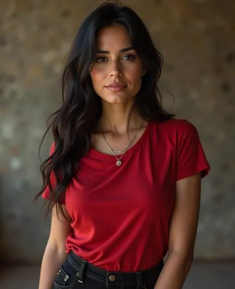 Iranienne, grande, magnifique, descendance espagnole, âge 23, peau lisse, cheveux noirs. col roulé de couleur rouge, pantalon noir ajusté, simple collier en argent, travailler à la base souterraine, très détaillé, bien éclairé, 8K, examen des artefacts, Te...