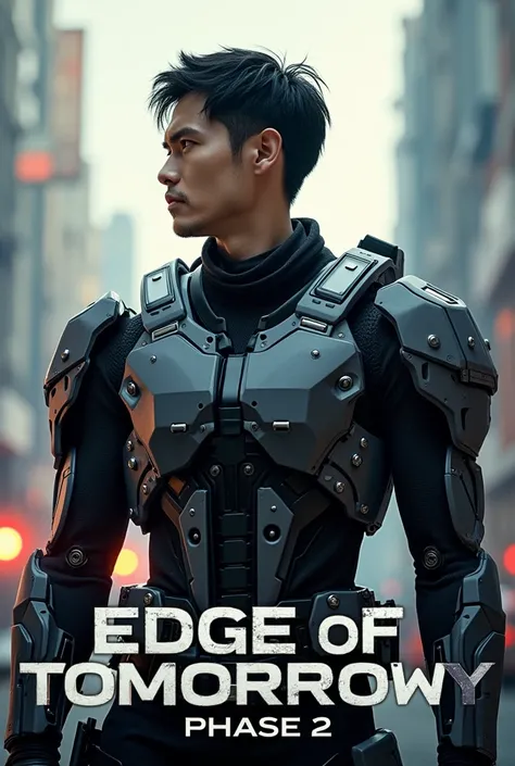 Tom Cruise wearing mech gear with medium build male with short black hair wearing mech gear in a Sci Fi movie poster with the title Edge of Tomorrow Phase 2