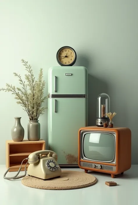 Telephone, fridge and television on the same image