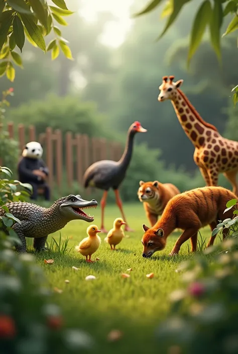 The duck , Chick, crocodile,  ostrich , monkey, tiger, panda,  giraffe is all grazing in the pen and everything is the size of a chicken