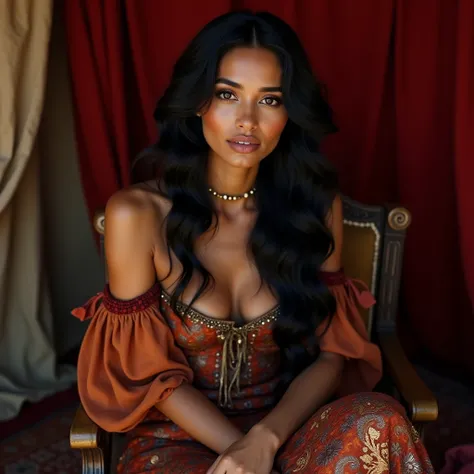  woman with brown skin , has brown eyes.  Her hair is long and wavy with a black color. His face is thin . The body is strong,  slightly full .  She wears 18th century gypsy attire .  She is seated on a chair , in an oriental tent .  There is a red curtain...