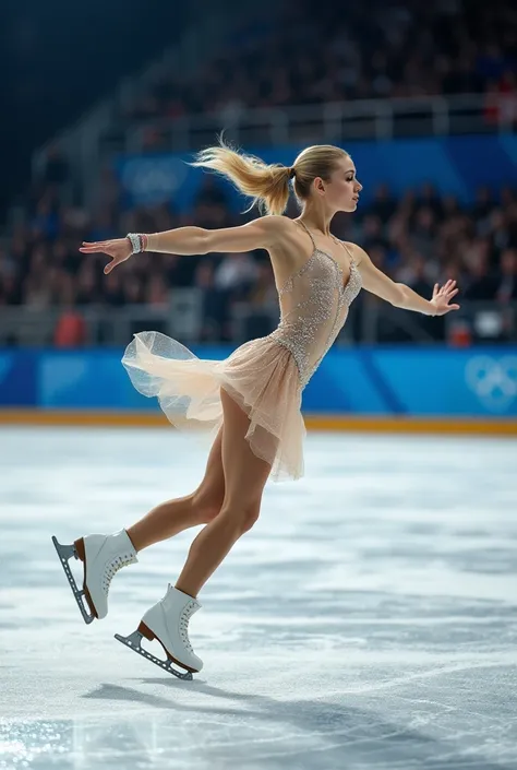 Capture a hyperrealistic photograph of a supermodel blonde woman gracefully gliding across the ice rink, her sleek blonde ponytail flowing behind her in mid-air as she executes a flawless spin. The shot is a dynamic medium angle, focusing on her elegant mo...