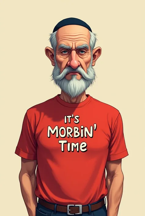 Draw a stereotypical Jew wearing the Its Morbin Time t-shirt