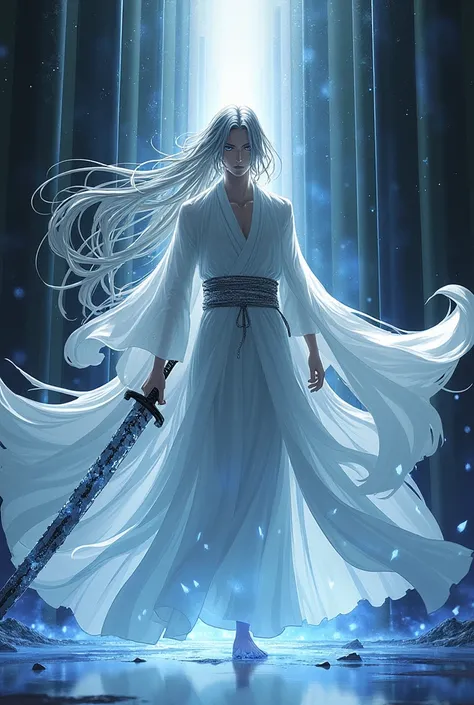 Create a mystical and elegant depiction of the spirit of Mugenei, a zanpakuto from Bleach. The spirit has a male appearance with long, flowing silver hair that glimmers like liquid mercury, and eyes that are mismatched—one silver like a mirror, the other b...