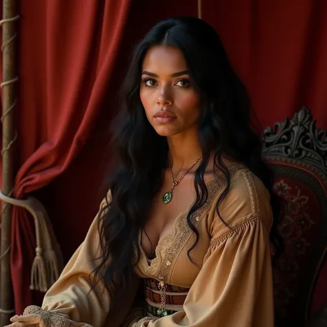  woman with brown skin , has brown eyes.  Her hair is long and wavy with a black color. His face is thin . The body is strong, a little fat. It has wide shoulders.  She wears 18th century gypsy attire .  She is seated on a chair , in an oriental tent .  Th...