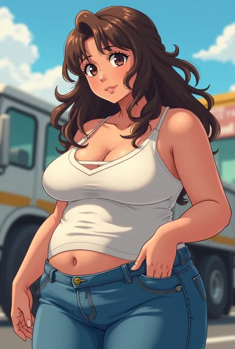 Belle femme brune, 30 ans, style anime, gros ventre, portant une chemise et un jean, ventre énorme, le ventre fait la taille dun camion, ventre démesuré, elle est transportée par un camion tellement elle a un gros ventre, style anime 