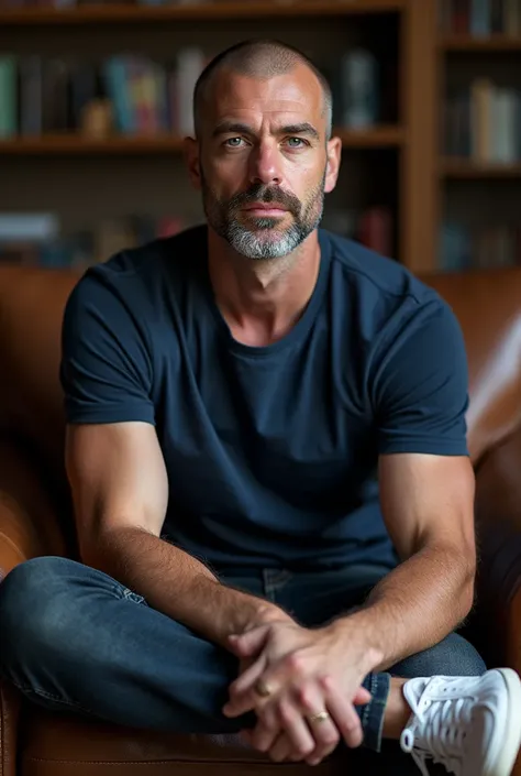 A 40-year-old man with a grounded and approachable demeanor, Daniel Harris sits casually on a weathered leather chair. His clean-shaven head gleams under soft, natural lighting, while his very light designer stubble adds a subtle ruggedness to his look. Hi...