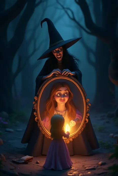 9. The Final Confrontation:
The princess holding the glowing mirror in a dark, stormy setting. The witchs face emerges angrily from the mirror, while the princess’s friend stands behind her, reading a spell from the magical book.
In 3D cartoon 19.6 ratio
