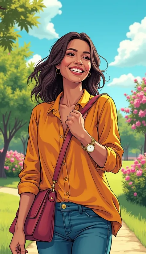 A comic book style image of an adult American woman, radiating happiness and a sense of accomplishment. She is dressed in casual and tasteful clothing, such as a bright, accessorized with a stylish handbag and a simple yet elegant piece of jewelry. She is ...