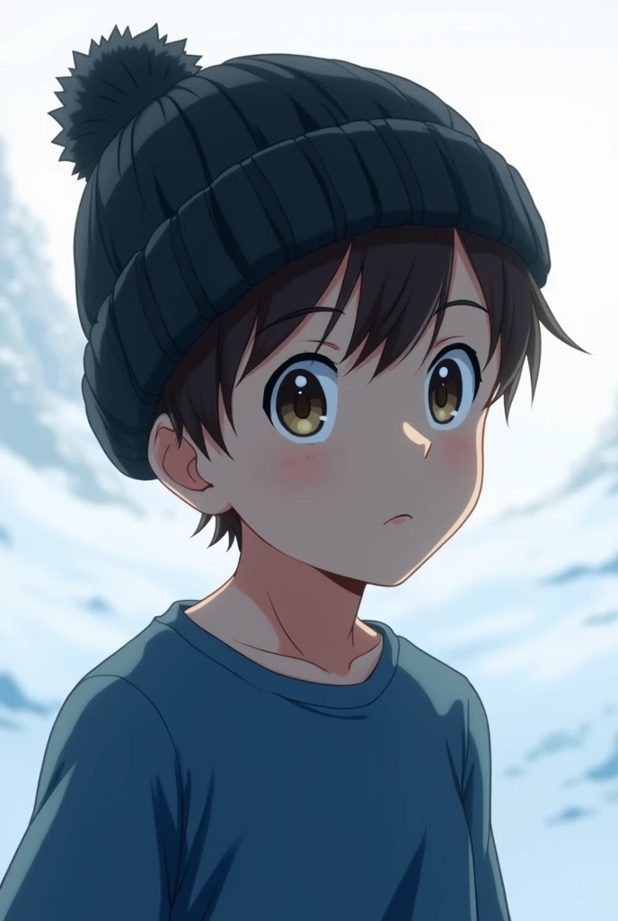 Anime boy with dark brown hair blue t-shirt and black whore hat for the cold white