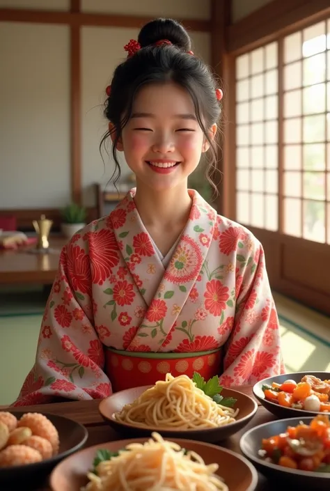 Japanese New Year dishes、Japanese-style room、Young Japanese woman wearing a floral kimono、smile 