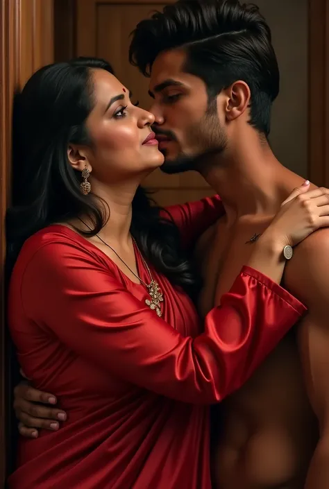 Sexual plump indian woman in red silk blouse without saree looks like serial actress sujita in 40 years age with young boy in 22 years of age kissing on boy chest