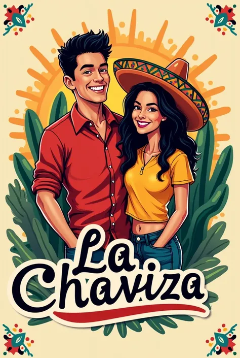 Logo for a Mexican restaurant with a design of two male and female friends called La Chaviza 