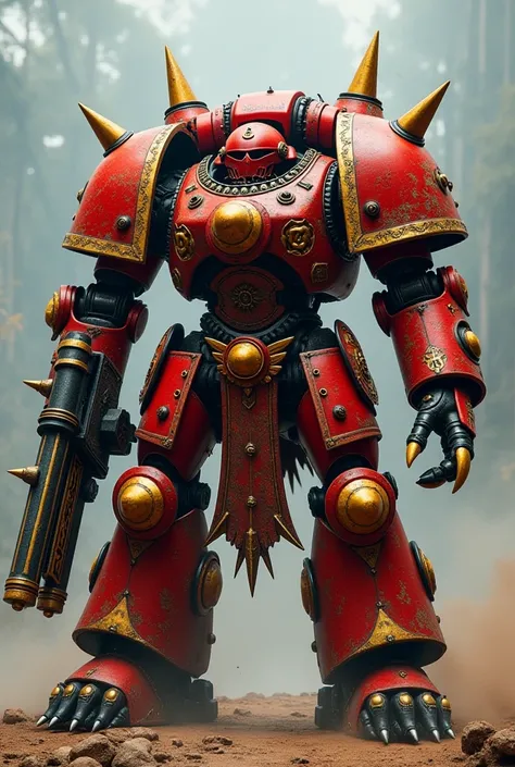 Generate image of Warhammer 40k ancient Dreadnought in red and black armor with steel and golden spikes covered with ancient golden artifact and accesories, his right hand is big minigun with claws while his left hand steel humanoid shaped with sharp claws...