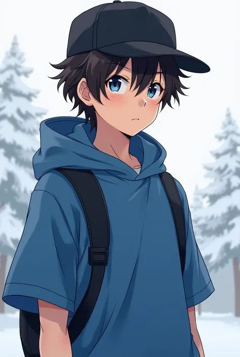 Anime boy with dark brown hair blue t-shirt whore black hat for cold white 