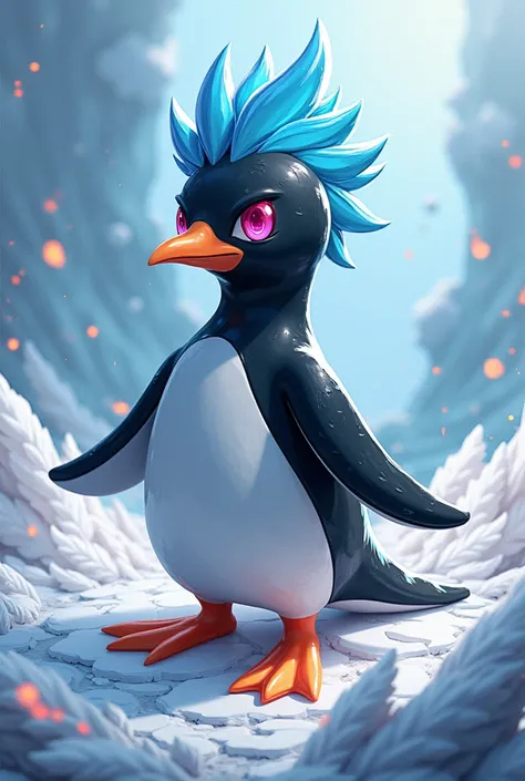 Penguin as Pokemon with cool hair white feather in background fire and water or melting ice