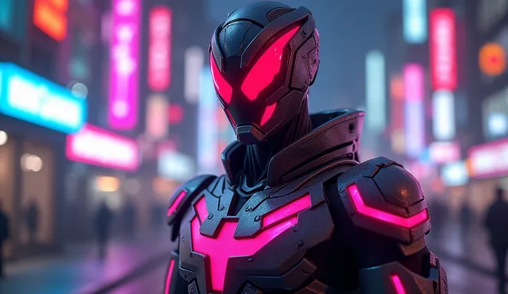 Futuristic pose of the hero Guyver A hand-crafted character with pronounced facial features confidently poses in a futuristic urban landscape, surrounded by shining neon lights, captured with stunning clarity in 24 KB,