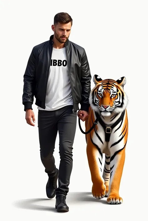  Draw a picture of an athletic man walking ,  wears a black leather jacket, wear a white T-shirt with the inscription IBBO ,Wearing black jeans,
 On his side is escorted a large and tame striped tiger with his neck wearing a harness held by the man