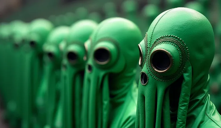 A line of fanatics clad in green uniforms and masks inspired by The Squid Game. This striking image captures the devoted followers with intricate details: the vibrant shade of green, elaborate designs on the masks, and a sense of anticipation in their expr...