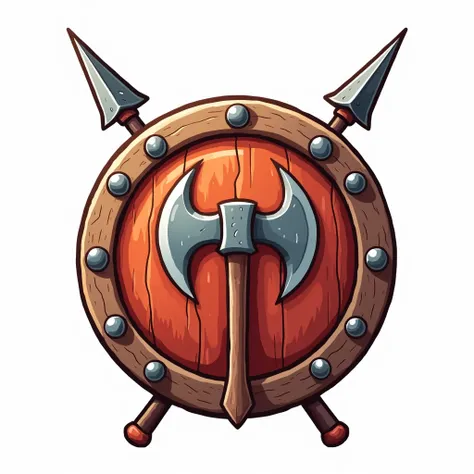 Create a cartoonish coat of arms ,  shaped like a round wooden shield ,  with two spears crossed behind it . in the center,  the design of a double-bladed axe .  Use vibrant colors that refer to primitive weapons.  white background 