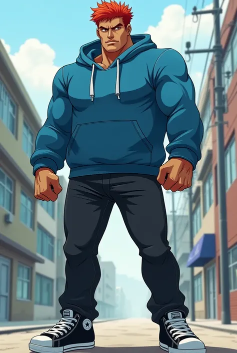 (anime) Bully (male) (red-haired) (brown skin)(tall)(lean)(blue hoodie)(black pants) (black and blue converse) (anime )