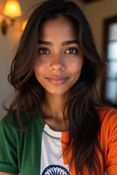 indian girl, cheveux noirs, t-shirt drapeau de linde, portrait réaliste et détaillé, 21 ans, visage frontal, cheveux bruns, peau foncée, Ultra-réaliste selfie instagram, très détaillé, photorealistic, 8K, yeux détaillés, mise au point nette, éclairage natu...