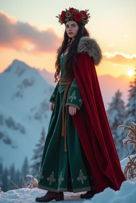 Une guerrière viking se tient fièrement sur un sommet enneigé, la neige recouvrant les montagnes à perte de vue. Elle a des cheveux longs et noirs, légèrement ondulés, qui tombent autour de son visage. Ses yeux sont d’un vert perçant, reflétant la lumière ...