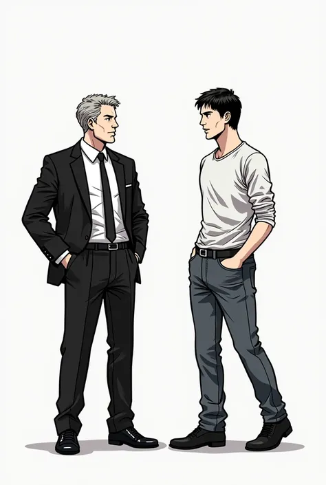 A page of manga. A businessman (A) in a fancy suit  crashed into a man in jeans and t-shirt (B). Then B dragged A into a public restroom and they swapped clothes. B now wearing As fancy suit and vice versa.