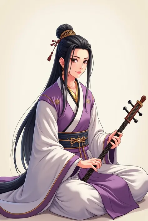 Young man with Asian features ,  wearing a lilac and white hanfu with gold details ,  straight waist-length hair and black ,  a part of his hair is in a hairstyle half tied with a small braid and period Chinese hair props such as hair sticks and hair crown...