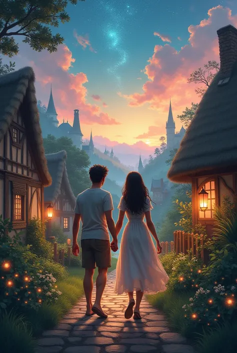 Write me an image of a couple leaving their village and a fantasy following them