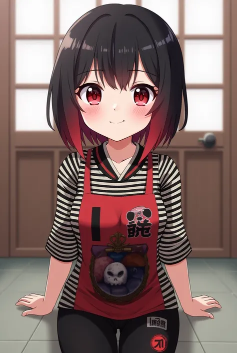 Anime character with black hair and red hair. A samurai collar. A striped shirt with a red and black display. It has a picture of a bag. Black pants with a picture of a skull. RED EYES GLARE. A beautiful smile.Born character  