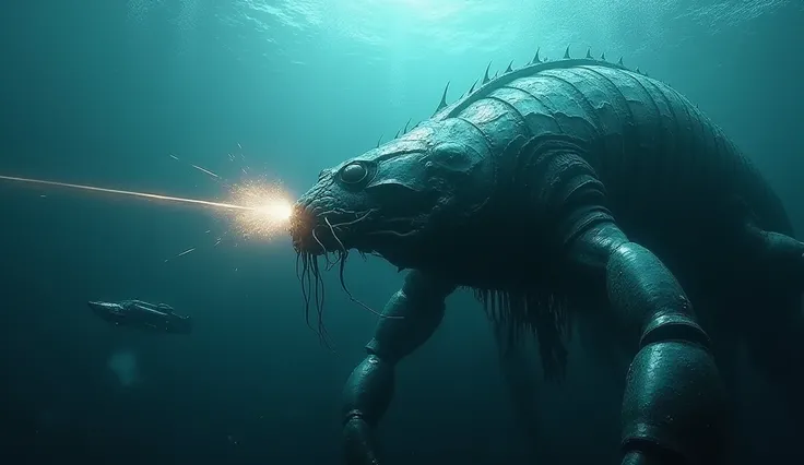 giant creature, Monster mix of prehistoric LION fish and giant R-style sea lobster. h.  Giger on the deep, dark ocean floor ,  ATTACKS A FUTURISTIC CHROME UNDERWATER WARSHIP. The poor rays of sunlight that arrive highlight it with its bluish silver skin an...