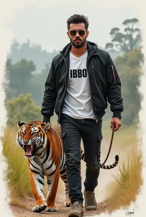  Draw a picture of an athletic man  ,  wears a black jacket ,  wearing a white T-shirt with the inscription IBBO , in black jeans , tinggi badan 170, indonesian ,  walking holding a rope that ties a striped tiger while roaring, rural background 