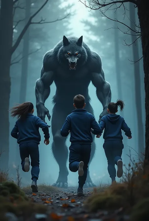 werewolf , wearing a long black shirt ,celana hitam panjang ,standing in the forest , facing towards the front ,   a group of three-person humans, blue ash tracksuit  ,blue pants, running towards the front  