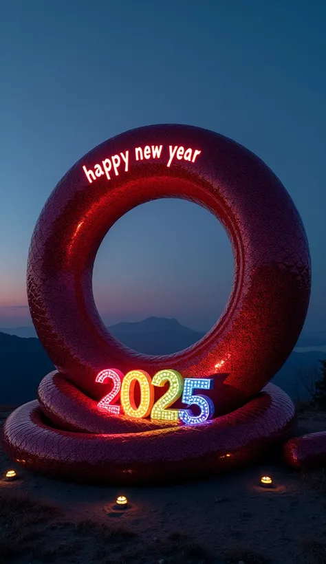 A circular sculpture in maroon in a shape of a serpent (((snake))) with text in white "Happy New Year" on top, at the bottom there is sculpture in rainbow colors "2025". The sculptures are on top of the hill and illuminated with several spotlight lamps. Mi...