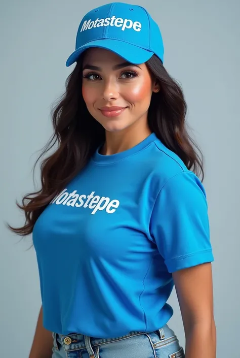 Pretty young Bbw Latina woman wearing a blue cap that says Motastepe and wearing a blue sporty shirt that says Motastepe (Without laughing)