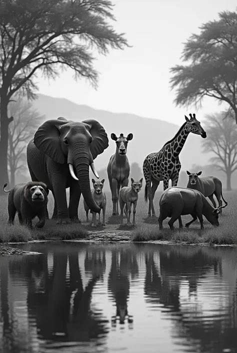  Black and white photograph of savanna animals next to a lake.  Among them there may be an elephant, A lion, a giraffe, a hippopotamus, A Tiger, a cheetah, a wildebeest ,  a gazelle  