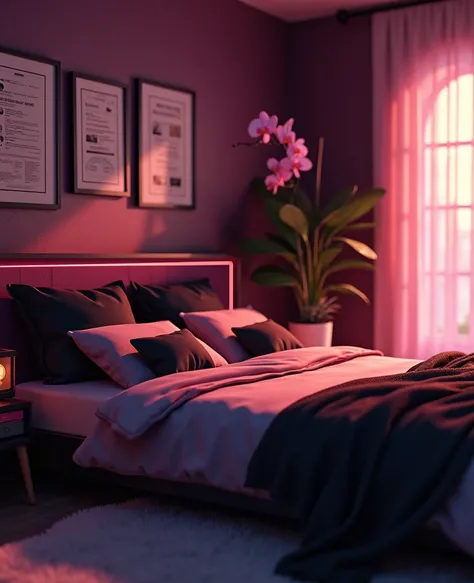 Photo of female bedroom, 3d pixar animation, ((from above)). sexy detailed bedroom, colorful, sexy elegant teenage room, light on right, night, orchidea, alternative, warm, paperwork, bookshelve, dynamic photo, entering perspective, whole room, modern and ...