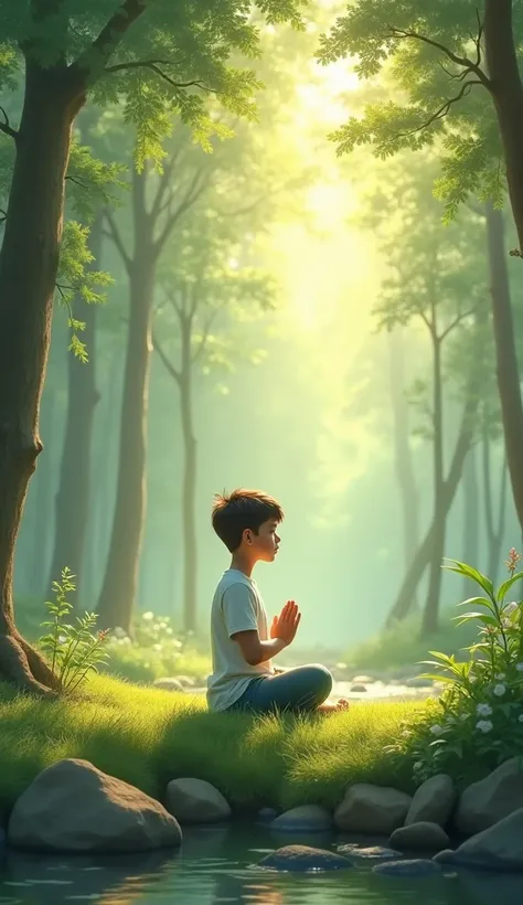 Practice Mindfulness: A serene landscape with a boy meditating or practicing yoga in nature, with a calm and peaceful atmosphere.